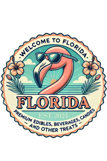 Florida-themed logo with a flamingo wearing sunglasses and floral elements on a white background.
