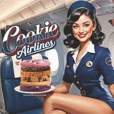 Cookie Airlines logo with a vintage-style airplane interior and a character in a uniform holding a cookie.