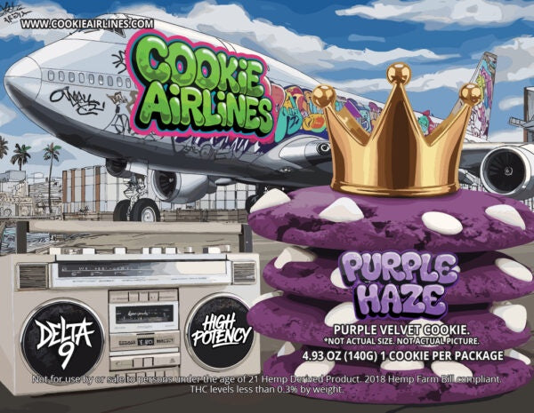 The image features a collage of elements associated with the product, including an airplane with 'Cookie Airlines' branding, a stack of purple velvet cookies, and a boombox. The cookies are highlighted with a crown, suggesting a sense of luxury or premium quality.