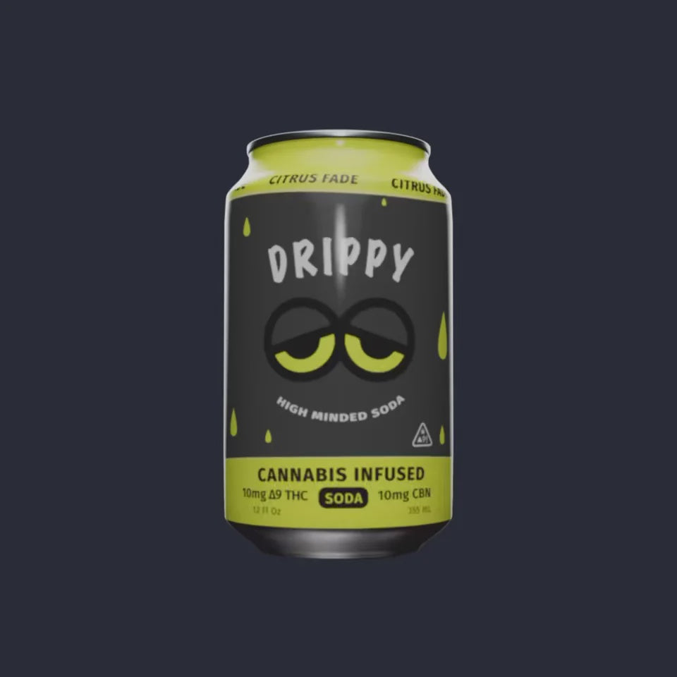 A can of Drippy High Minded Soda with the label indicating it is a cannabis infused beverage with 10mg THC and 10mg CBD, in a citrus fade flavor.