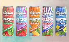 Five colorful cans of Kratom drinks on a light background