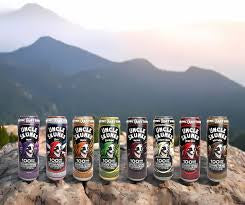 Row of cans with skull designs on a rock with mountains in the background