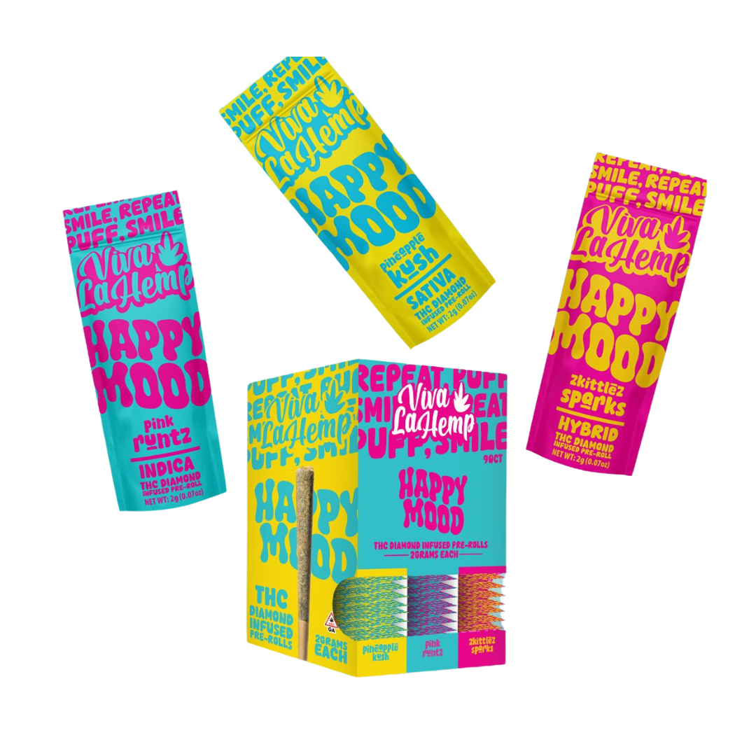 Colorful packaging of 'Happy Mood' products on a white background