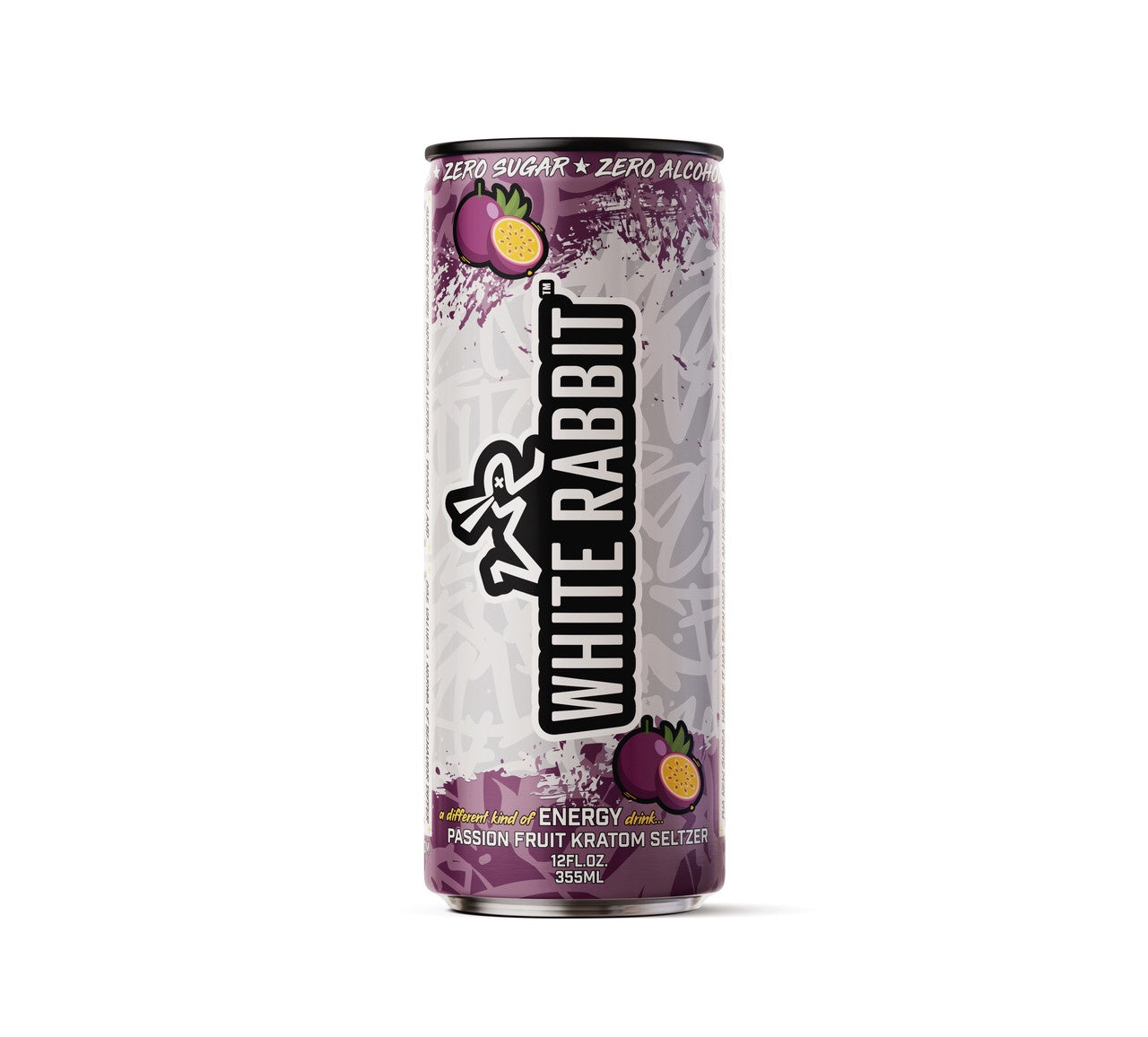 A can of White Rabbit Passionfruit energy drink with the brand logo and passion fruit imagery on the label.