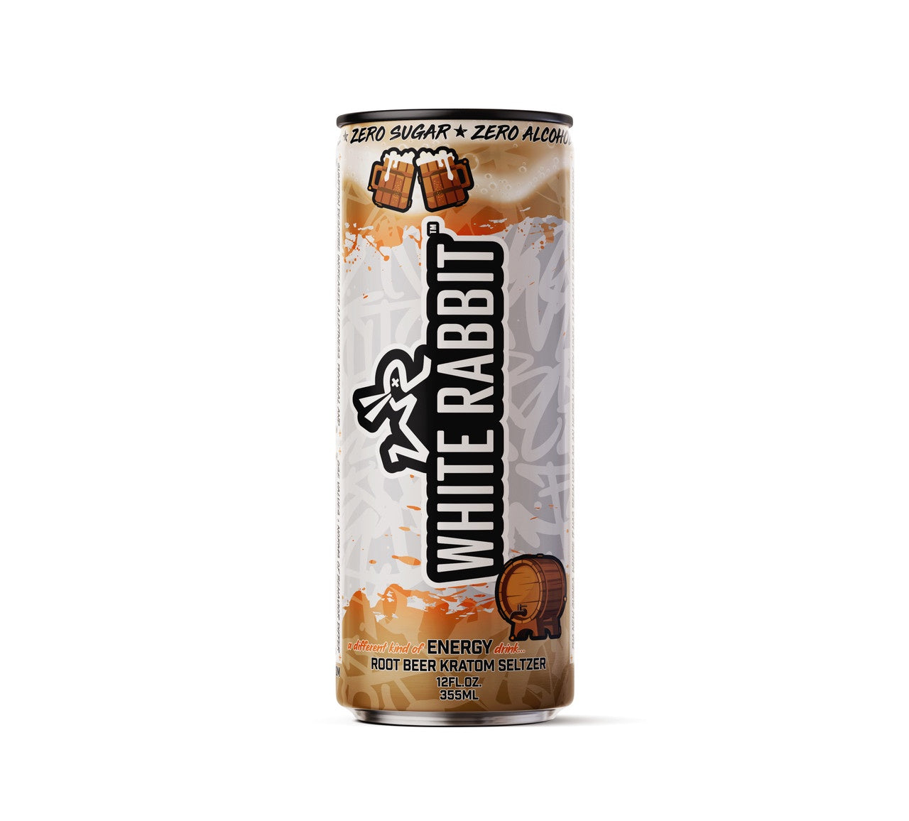 A can of White Rabbit Root Beer energy drink with the text 'Energy' and 'Zero Sugar Zero Alcohol' displayed on the label.
