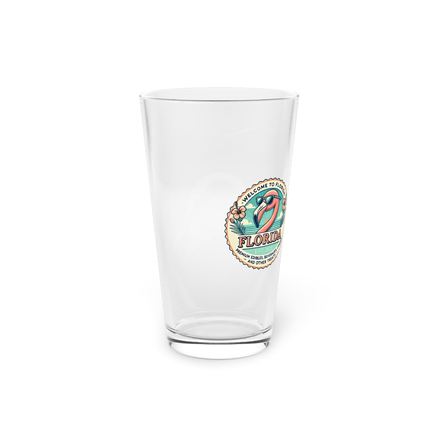 Clear glass with a Florida-themed design on a white background