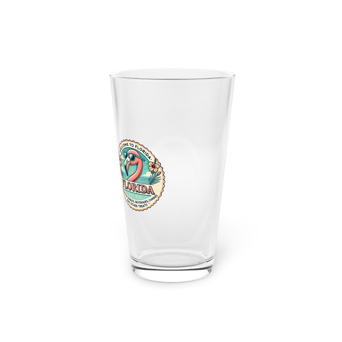 Clear glass with a colorful parrot design and 'Welcome to Florida' text on a white background