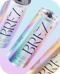 Two cans of BRZ sparkling water with colorful labels on a white background