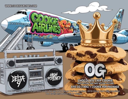 A promotional image featuring a stack of chocolate chip cookies with a golden crown on top, an airplane branded as 'Cookie Airlines', and a boombox with the text 'HIGH POTENCY'.