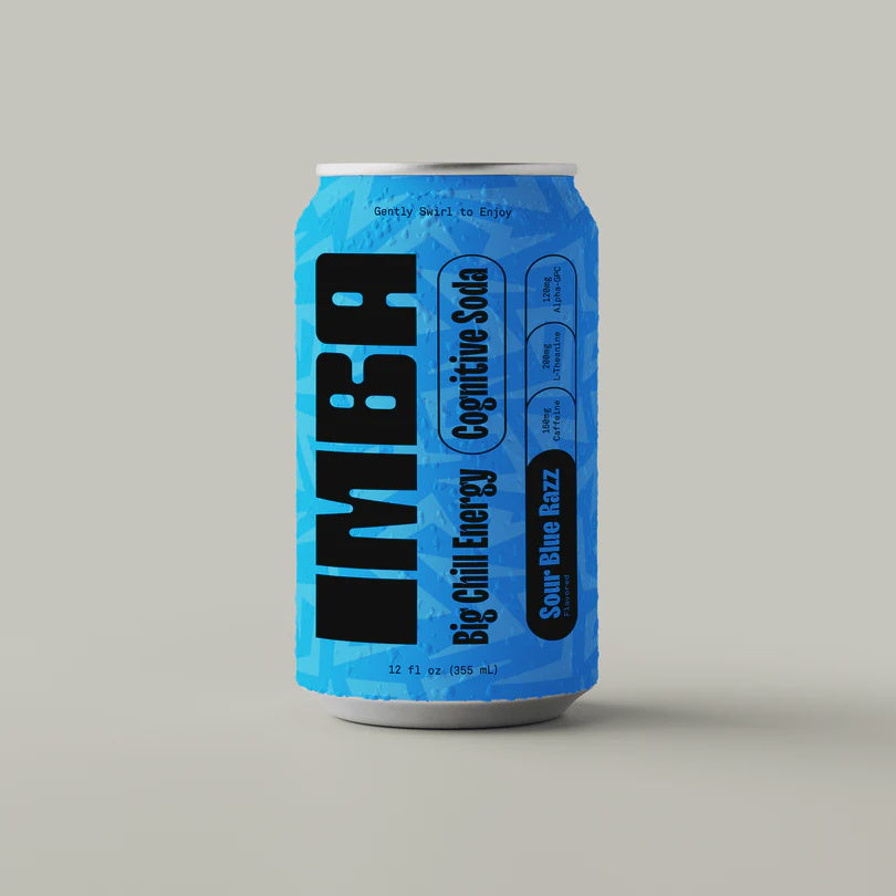 A can of Imba Sour Blue Razz Big Chill Energy drink with a predominantly blue label on a white background.