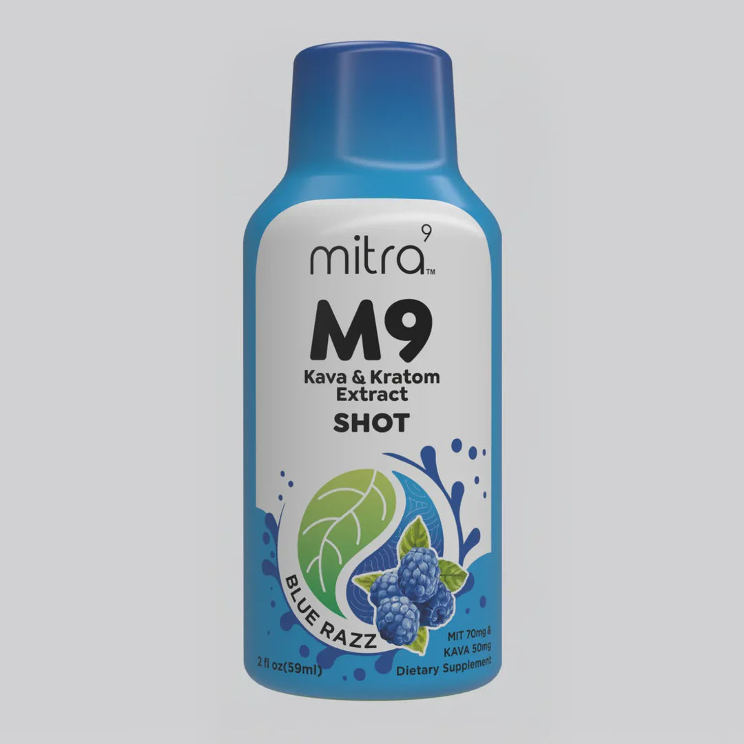 Blue and white bottle of mitra M9 Kava & Kratom Extract Shot on a gray background