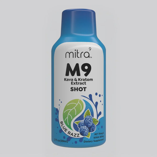 Blue and white bottle of mitra M9 Kava & Kratom Extract Shot on a gray background