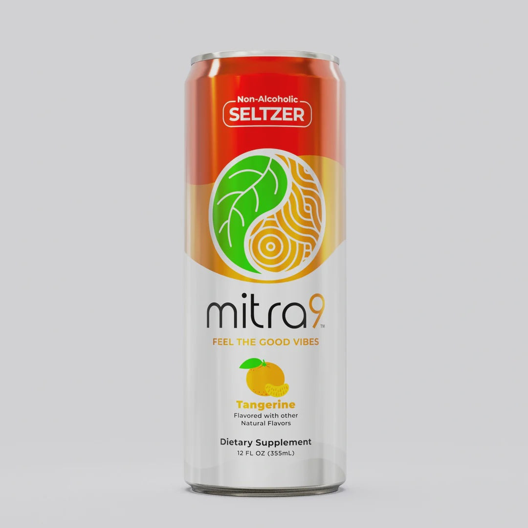 A can of Mitra Tangerine Kratom Seltzer with the text 'Non-Alcoholic Seltzer' and 'Tangerine Natural Flavors' on the label.