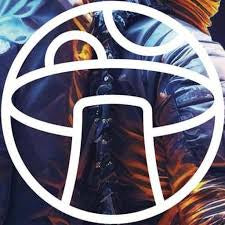 Abstract design with a circular emblem and fiery elements