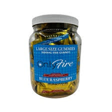 A jar of Only Fire Blue Raspberry THCP Gummies with a label indicating the flavor and product details.