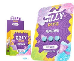 Silly Dots packaging with purple and yellow design on a white background