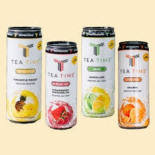 Four TEA TIME drink cans with different flavors on a white background