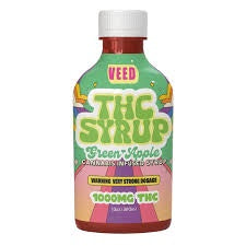 Bottle of THC syrup with colorful label on white background