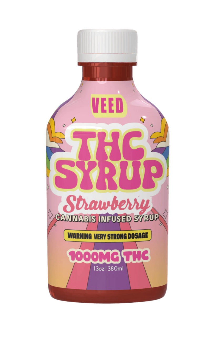 Bottle of THC syrup with colorful label on white background