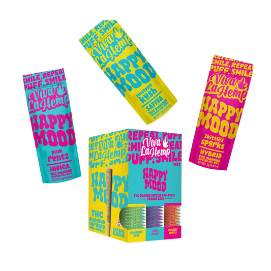 Colorful packaging of 'Happy Mood' products on a white background