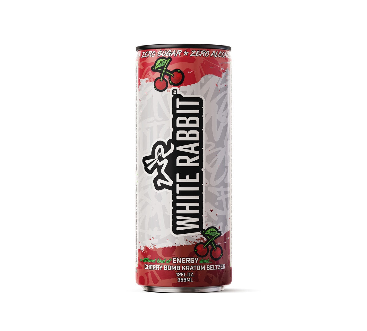 A can of White Rabbit Cherry energy drink with a white and red color scheme and cherry graphics.