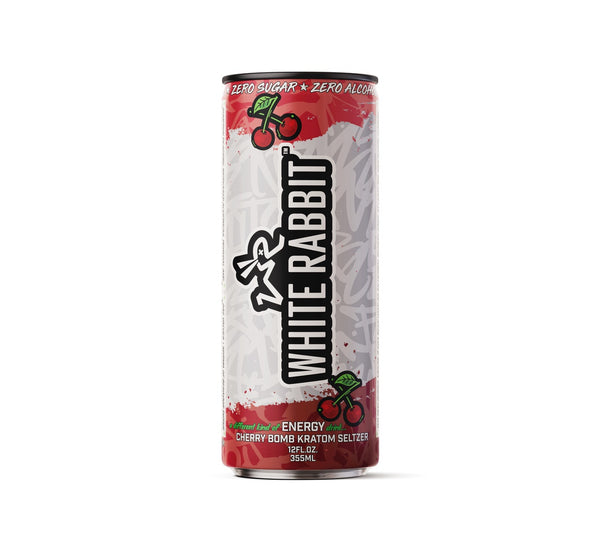 A can of White Rabbit Cherry energy drink with a white and red color scheme and cherry graphics.