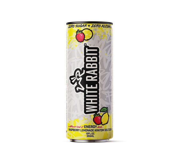 A can of White Rabbit Raspberry Lemonade energy drink with a white and red color scheme and an illustration of a rabbit, raspberry, and lemonade.
