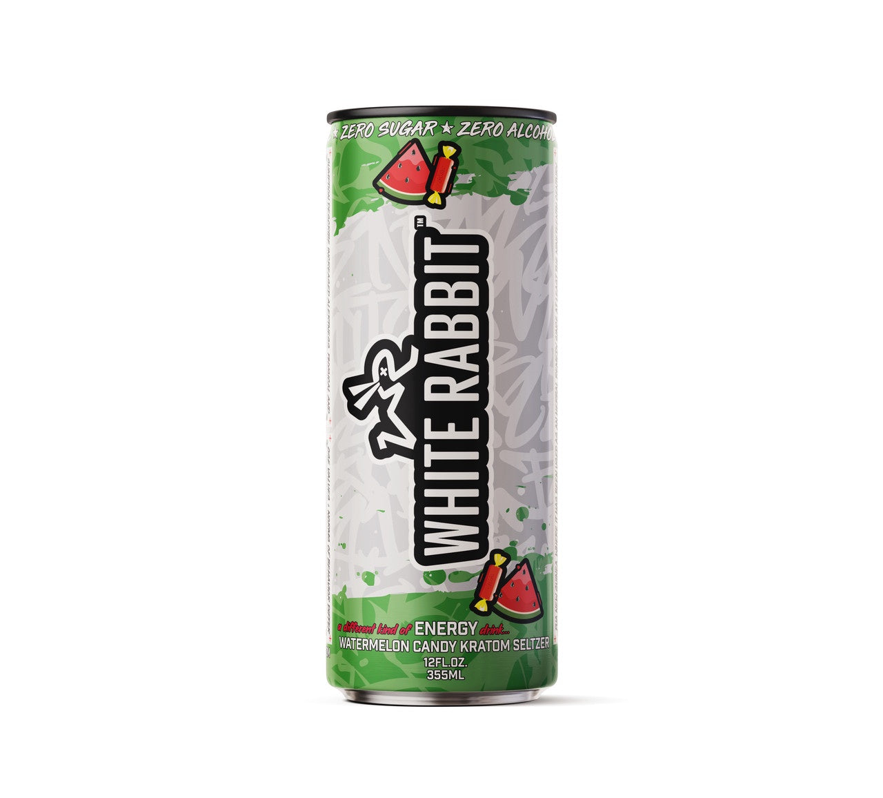 A can of White Rabbit Energy drink with watermelon flavor, predominantly white and green in color with the brand logo and watermelon graphics.