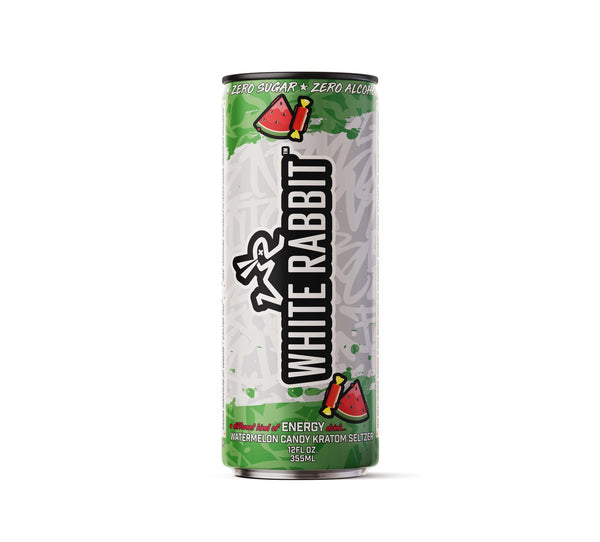 A can of White Rabbit Energy drink with watermelon flavor, predominantly white and green in color with the brand logo and watermelon graphics.