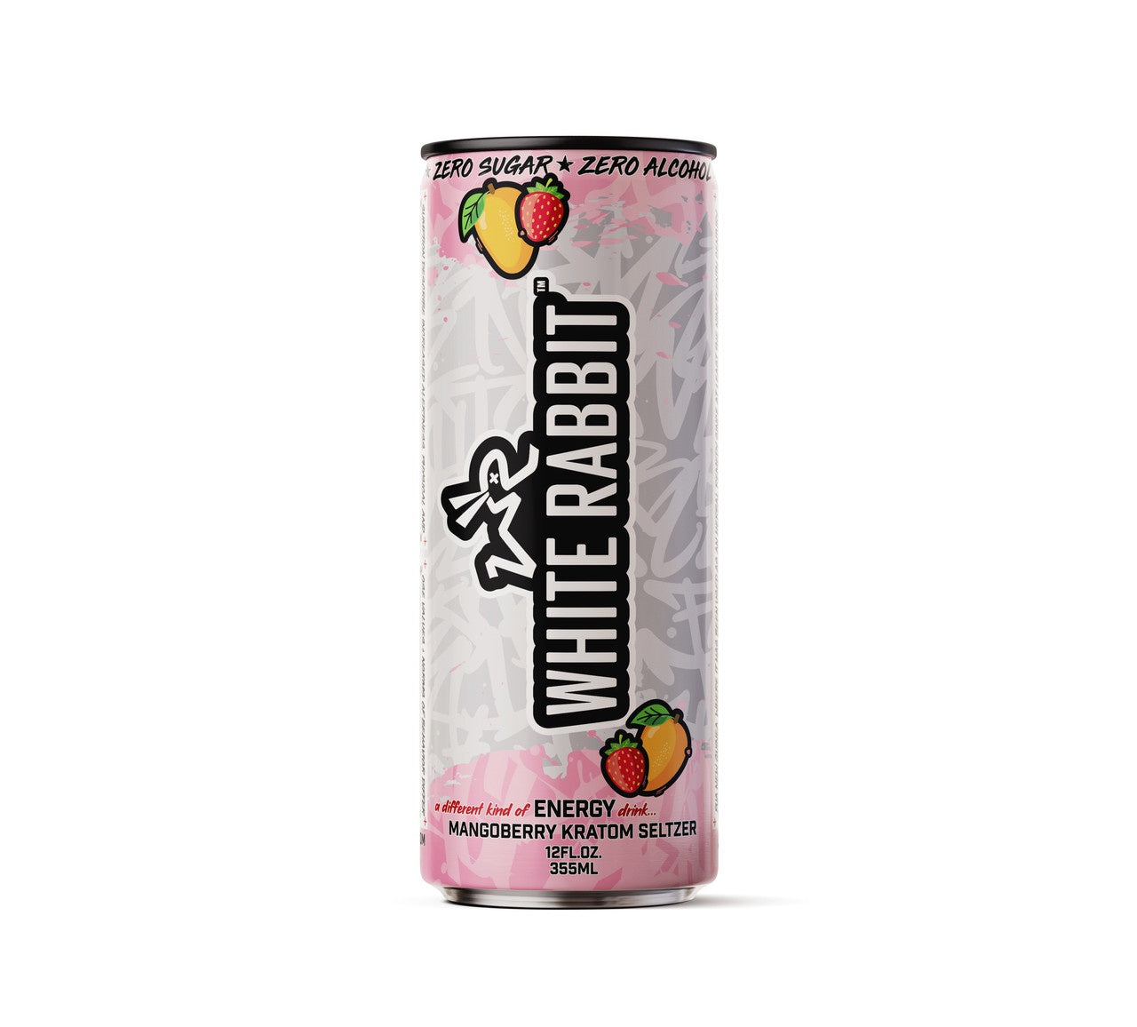 A can of White Rabbit Mangoberry energy drink with graphics indicating the strawberry and mango flavors.