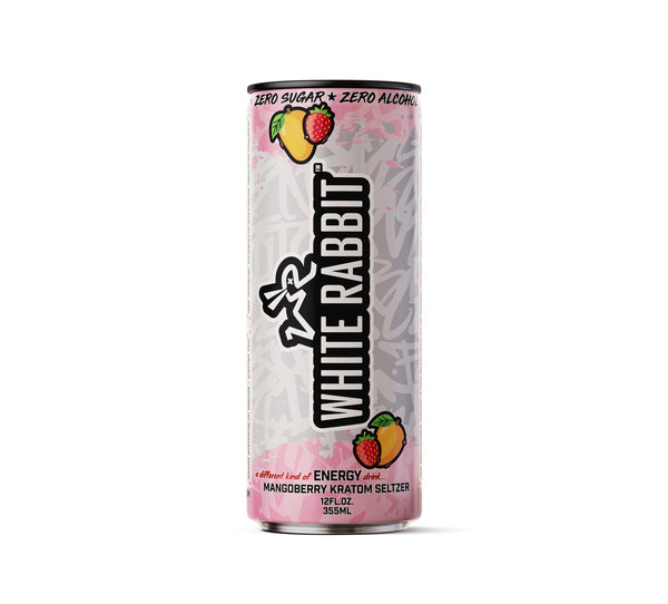 A can of White Rabbit Mangoberry energy drink with graphics indicating the strawberry and mango flavors.