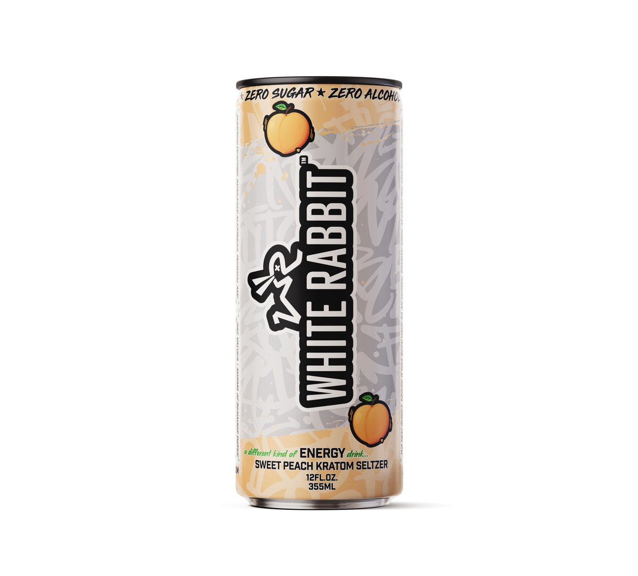 A can of White Rabbit Sweet Peach Kratom energy drink with the product name and flavor clearly displayed, along with icons indicating zero sugar and zero alcohol.