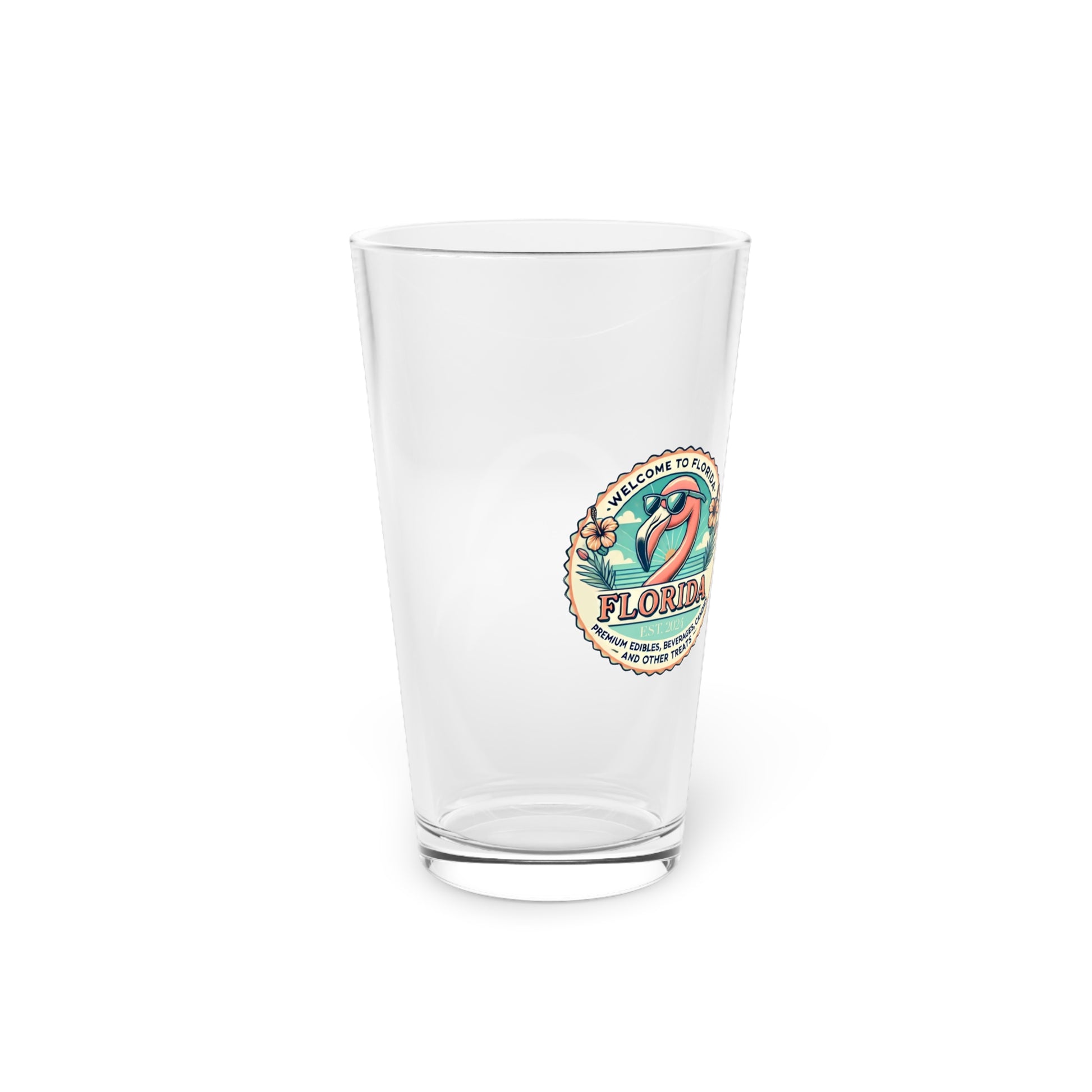Clear glass with a Florida-themed design on a white background
