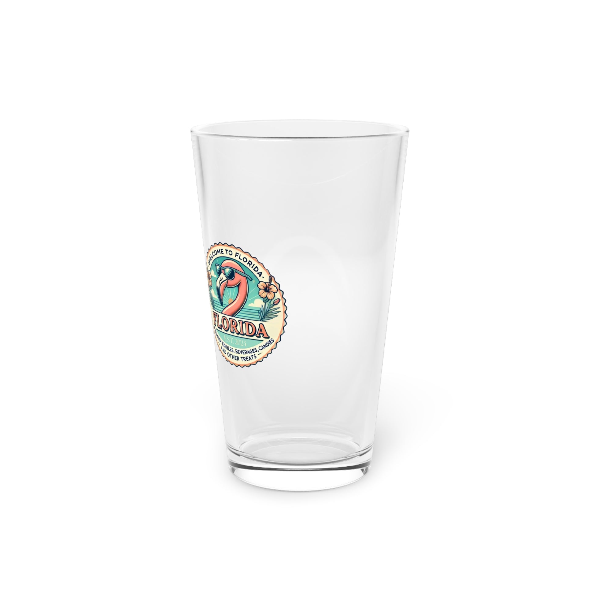 Clear glass with a colorful parrot design and 'Welcome to Florida' text on a white background