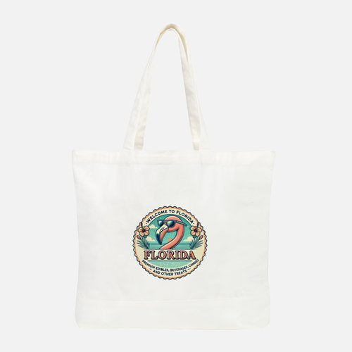 White tote bag with Florida-themed design featuring a flamingo on a white background