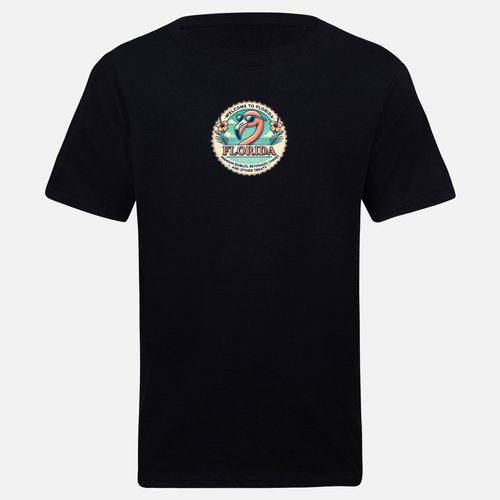 Black t-shirt with a colorful 'Home to Florida' graphic on a white background